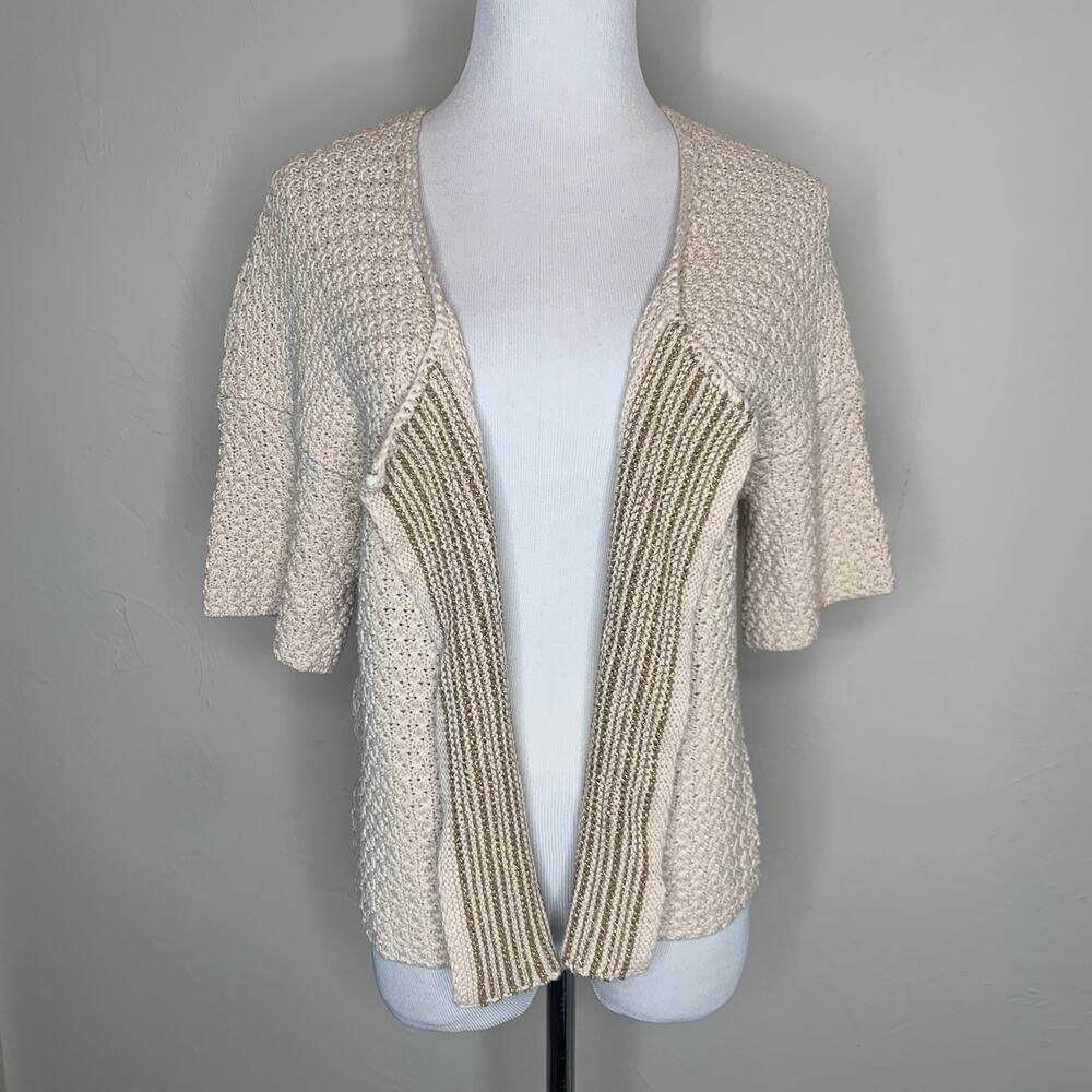 Loft Open Front Cream Cardigan Gold Trim Small 100% cotton